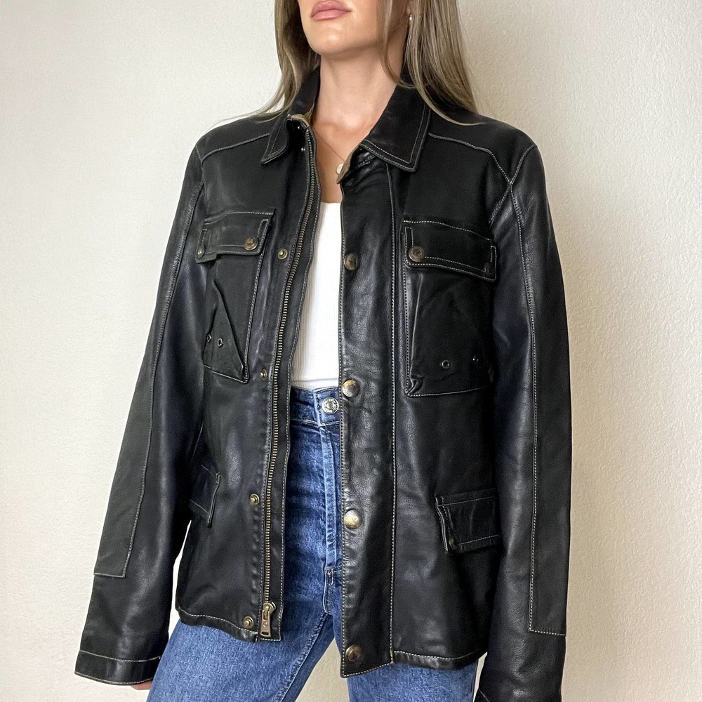 Coach genuine leather collared oversized bomber jacket